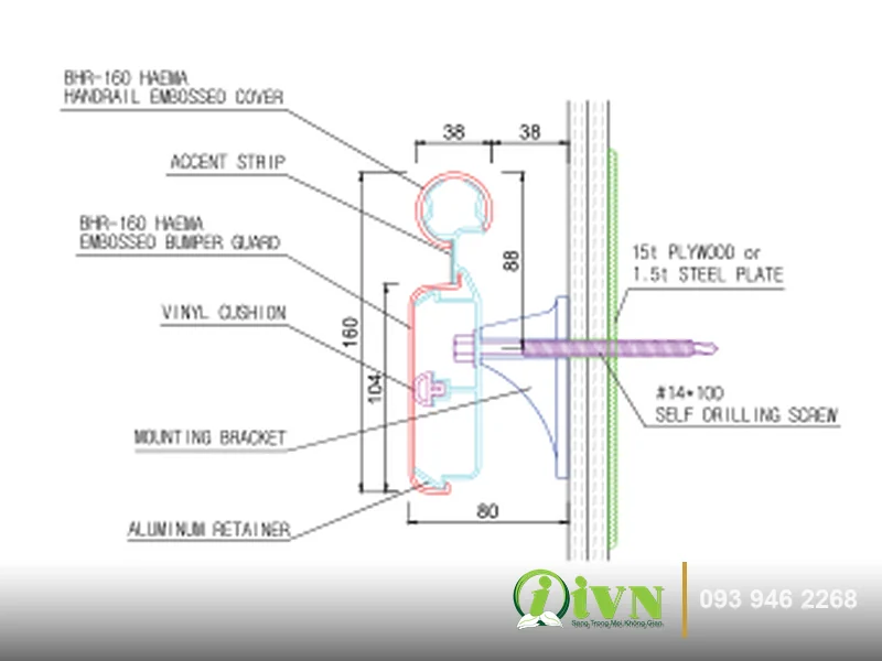 Bản vẽ mặt cắt kỹ thuật tay vịn hành lang bệnh viện BHR-160 series iVN
