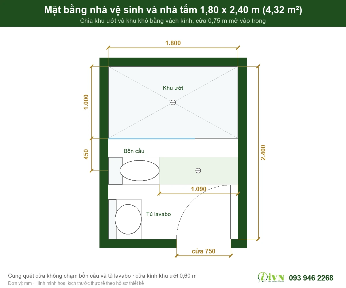 Mặt bằng kích thước nhà vệ sinh và nhà tắm chia khô ướt 4,32 m2