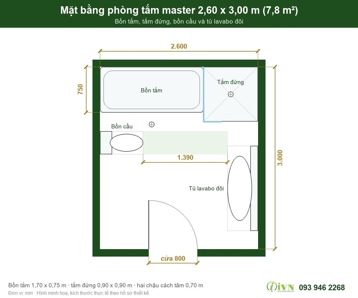 Mặt bằng kích thước phòng tắm master 7,8 m2 có bồn tắm