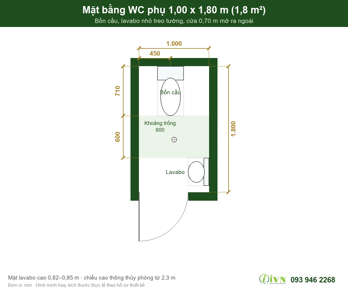 Mặt bằng kích thước nhà vệ sinh tiêu chuẩn WC phụ 1,8 m2
